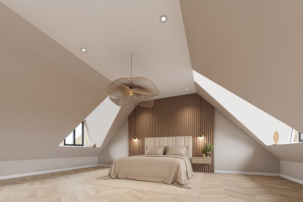 Sfeervolle slaapkamer met schuin dak, houten vloer en verlichting boven het bed tegen een warm, beige achterwand