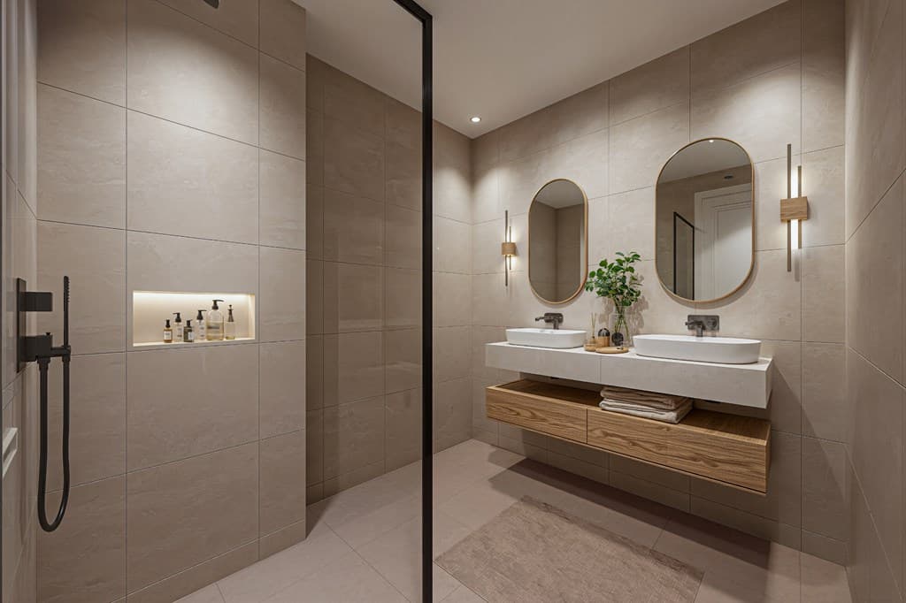 Moderne badkamer met dubbele wastafel, grote spiegels en inloopdouche, afgewerkt met lichtkleurige tegels.