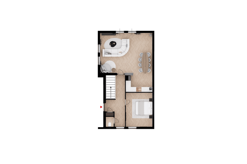 Plattegrond van een woning met een open woonkamer, keuken en slaapkamer, standaard indeling met moderne meubels.