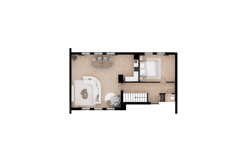 Plattegrond van een woning met een open woonkamer, eetkamer en slaapkamer, inclusief een badkamer en keukenruimte.