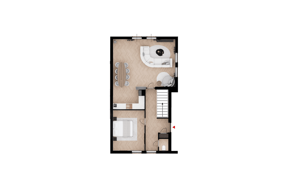 Plattegrond van een woning met een woonkamer, keuken, slaapkamer en badkamer zichtbaar.