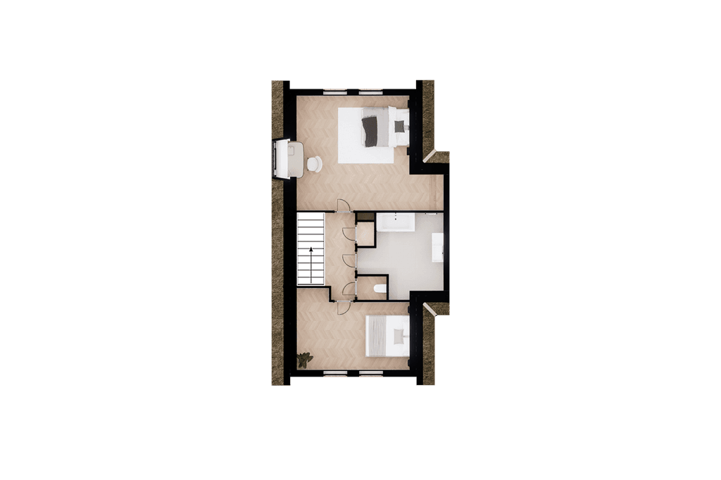Plattegrond van een woning met twee slaapkamers, een woonkamer en een badkamer, open indeling en lichte kleuren