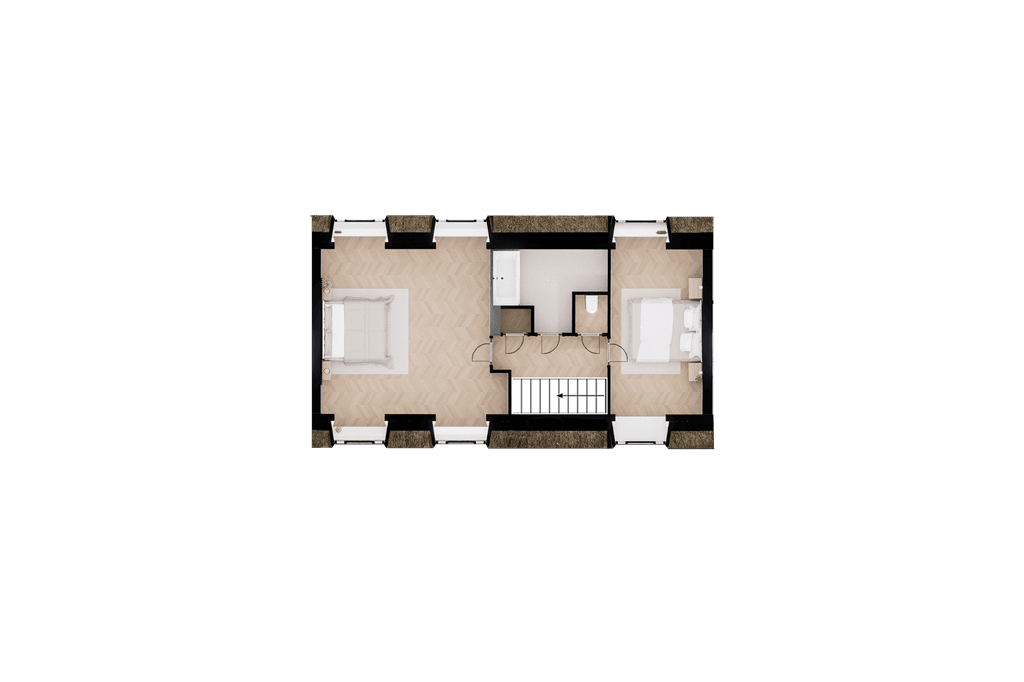 Plattegrond van een woning met twee slaapkamers, een woonkamer en een badkamer.