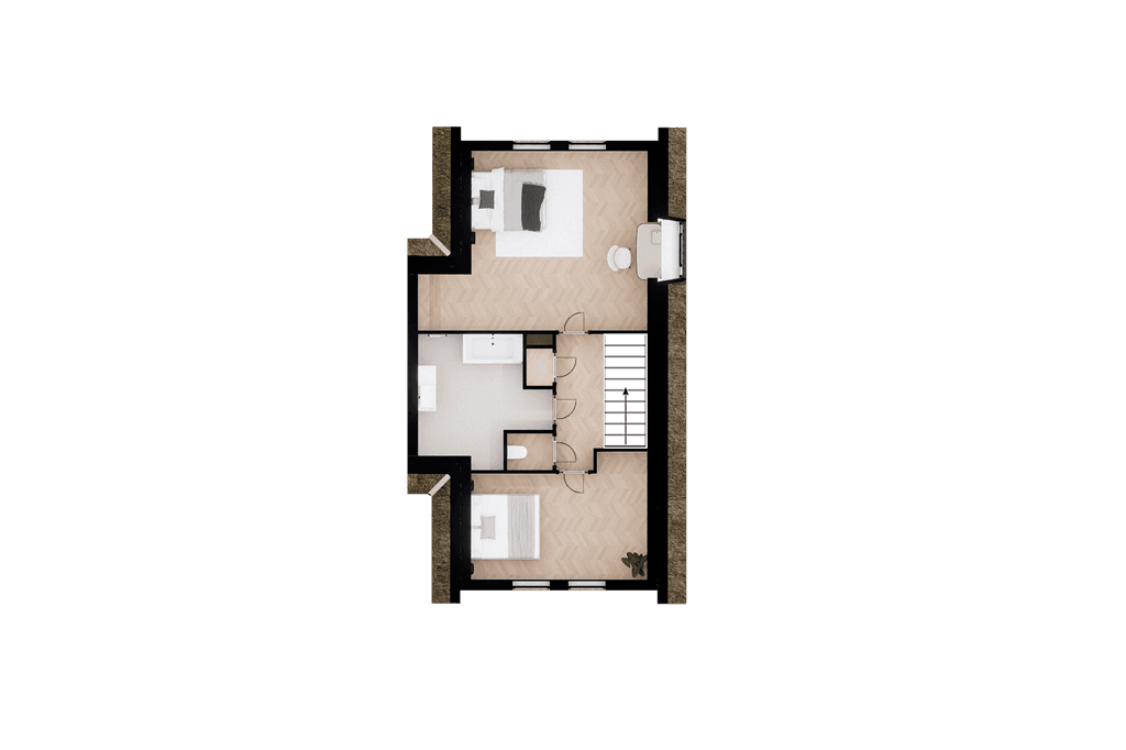 Plattegrond van een woning met een slaapkamer, woonkamer, keuken en badkamer indeling in lichte kleuren.