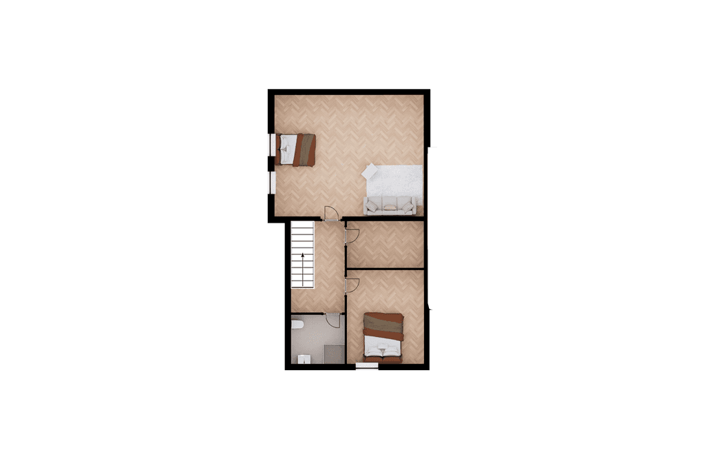 Plattegrond van een woning met twee slaapkamers, een trap en een badkamer zichtbaar.