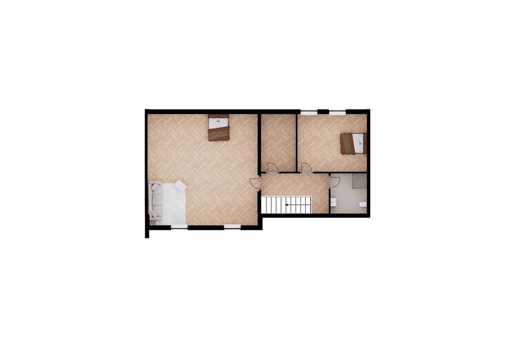 Plattegrond van een woning met twee slaapkamers, een woonkamer en een badkamer, voorzien van eenvoudige meubels en een gang.