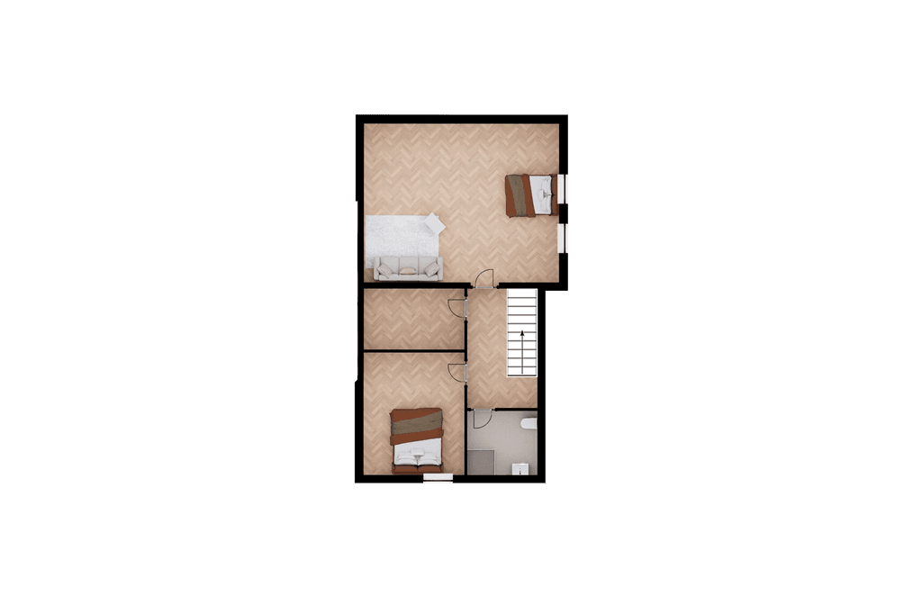 Plattegrond van een woning met twee slaapkamers, een badkamer en een open leefruimte.
