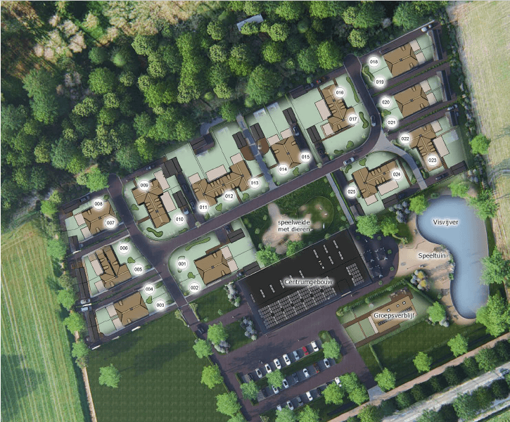 Luchtfoto van een wooncomplex met gebouwen, parkeerplaatsen, groene ruimtes en een waterpartij in de omgeving.