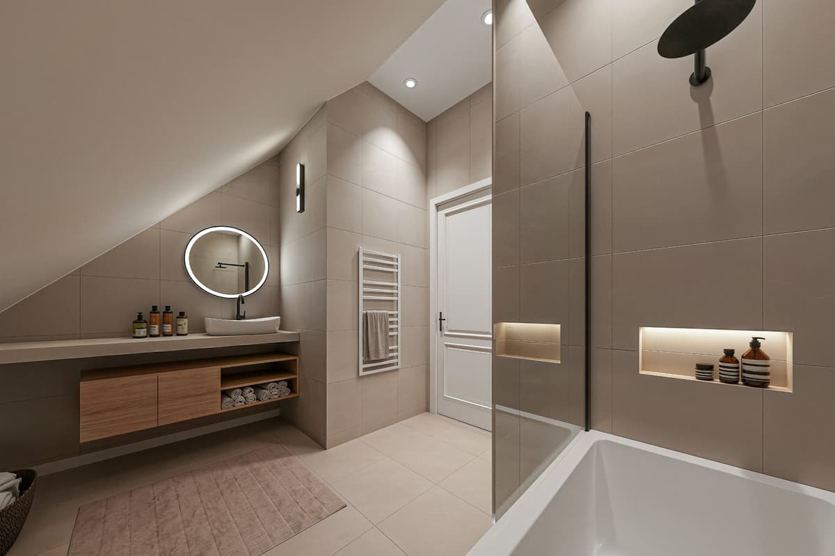 Moderne badkamer met een ligbad, wastafel met grote spiegel en stijlvolle wand- en vloertegels.