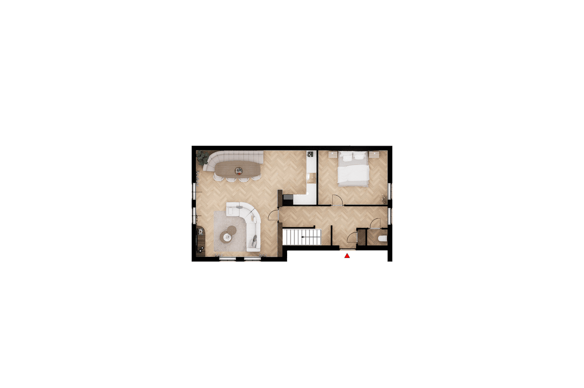 Plattegrond van de woning met een open woonkamer, twee slaapkamers en een badkamer zichtbaar.