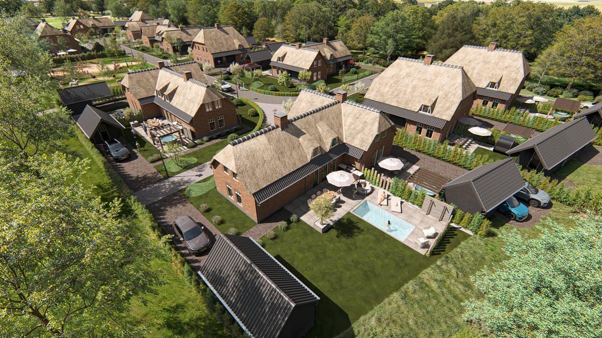 Uitzicht op een groep vakantiewoningen met rieten daken, tuinen en een zwembad in een groene omgeving.