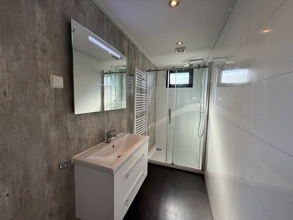 Moderne badkamer met een glazen douchecabine, wastafel met kast en een grote spiegel aan de wand.