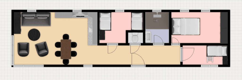 Plattegrond van een vakantiewoning met een woonkamer, eetkamer, twee slaapkamers en een badkamer.