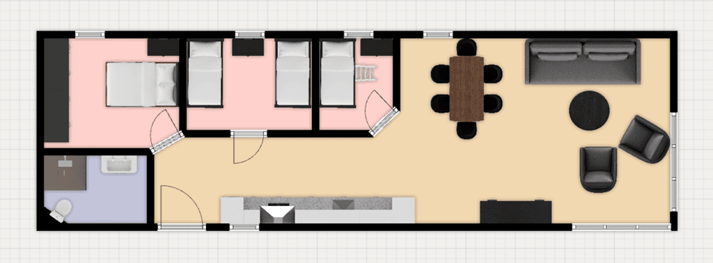 Plattegrond van een woning met twee slaapkamers, een woonkamer, een eetkamer en een badkamer.