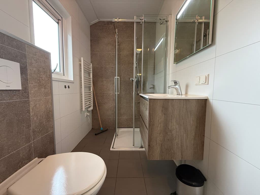 Moderne badkamer met inloopdouche, wastafel met kastje, toilet en praktische wandradiator.