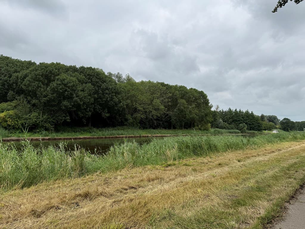 Uitzicht op een groene omgeving met een kanaal en bomen aan de oever, met een grasachtige weg en wolkenlucht.
