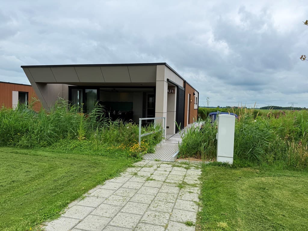 Moderne vakantiewoning met grote ramen, omgeven door gras en riet, met een betegeld pad naar de ingang.