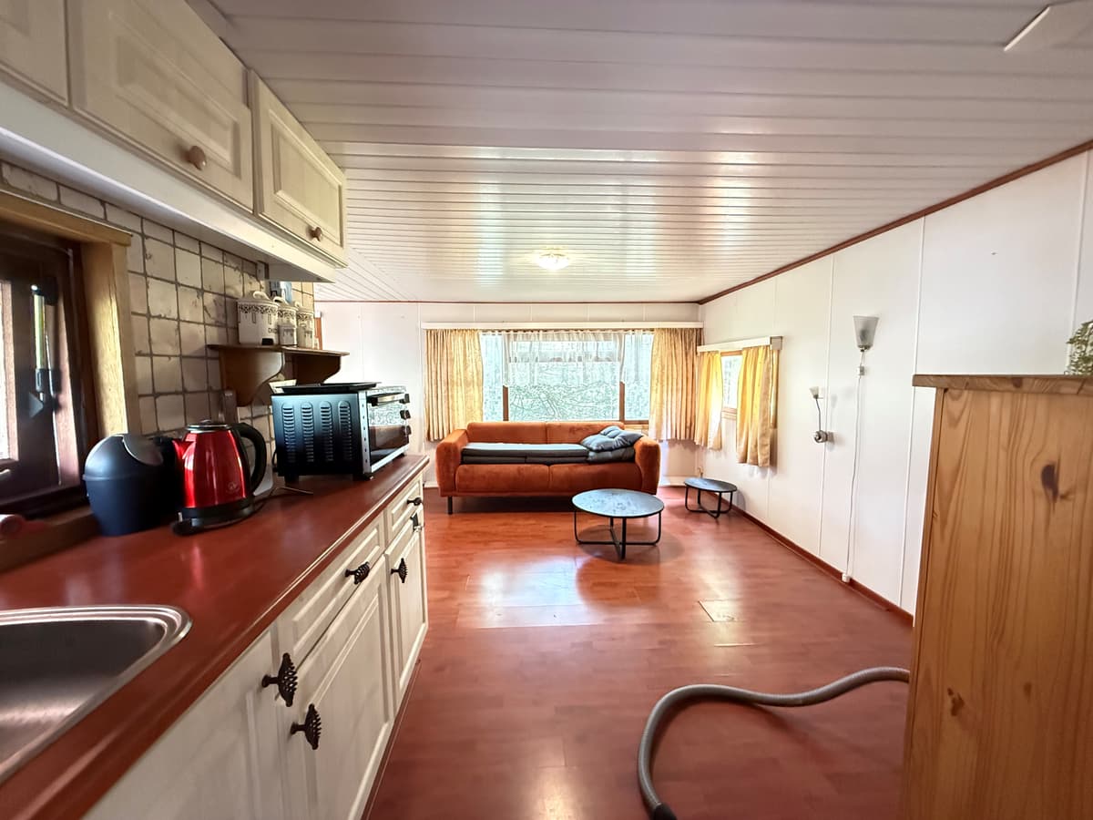 Huiselijke ruimte met een open keuken, een bruine bank, een salontafel en natuurlijke verlichting vanuit de ramen.