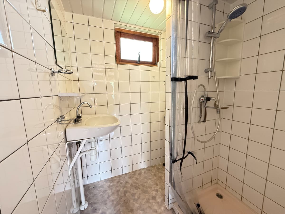 Badkamer met douche, wastafel en wandtegels in een lichte kleur, voorzien van een klein raam voor natuurlijk licht