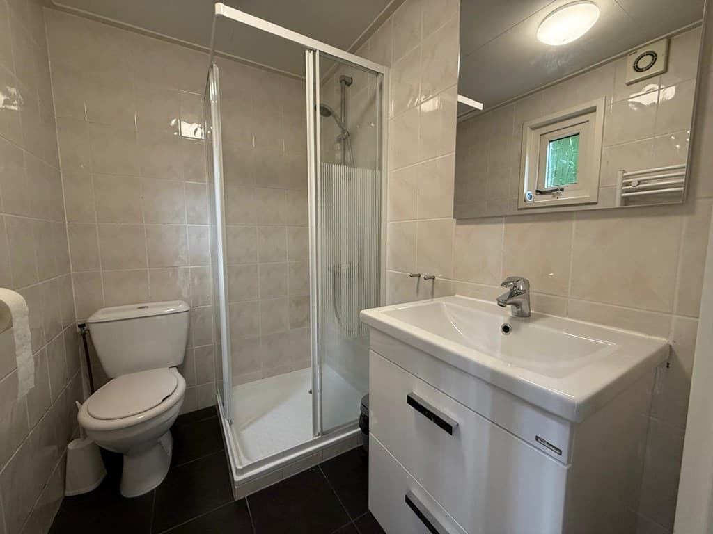 Moderne badkamer met douchecabine, wastafel en toilet, betegelde muren en donkere vloer.