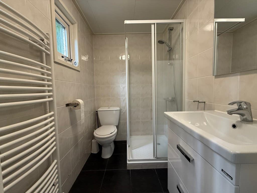 Moderne badkamer met douche, toilet, wastafel en verwarmde handdoekenradiator
