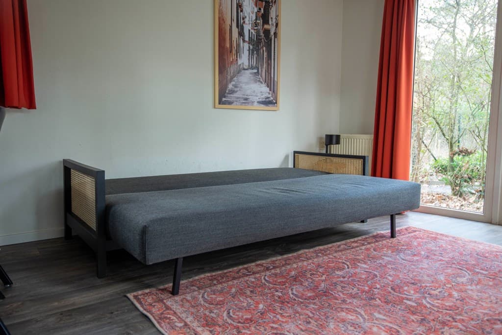 Lichte woonkamer met een grijs bankbed, een tapijt en ramen met uitzicht op de natuur.