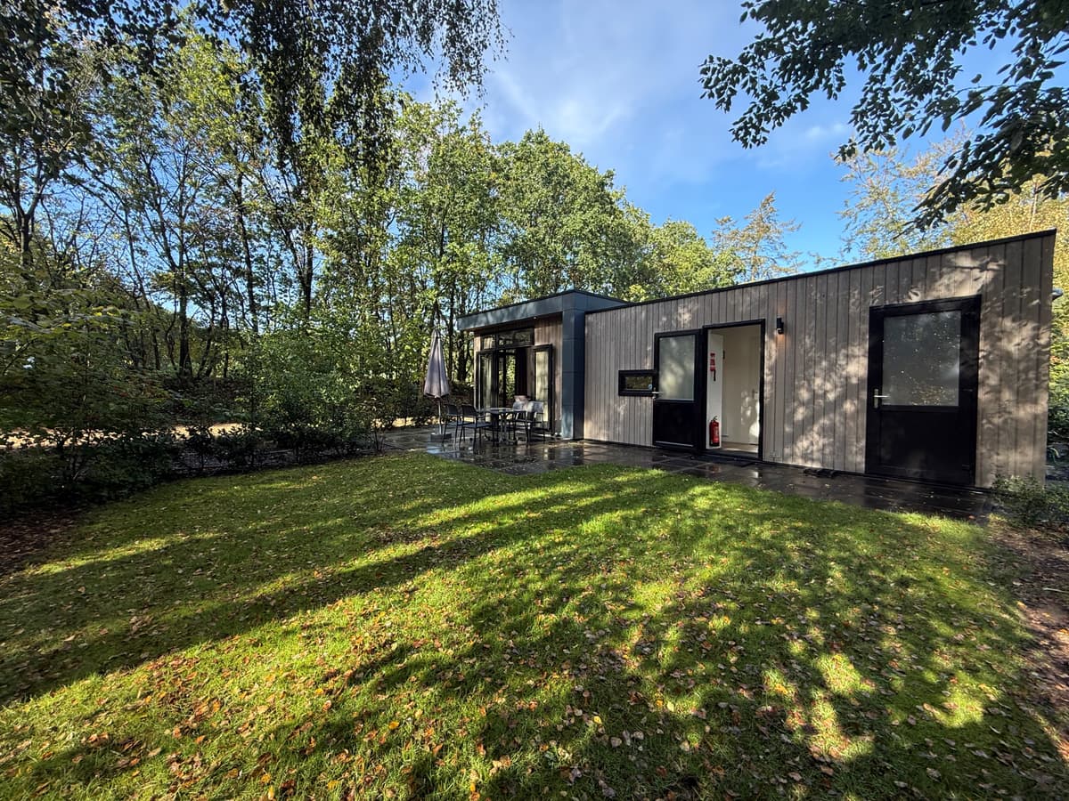 Moderne vakantiewoning geschikt voor buitenomgeving met gras en bomen, terras met tuinmeubilair en grote ramen.