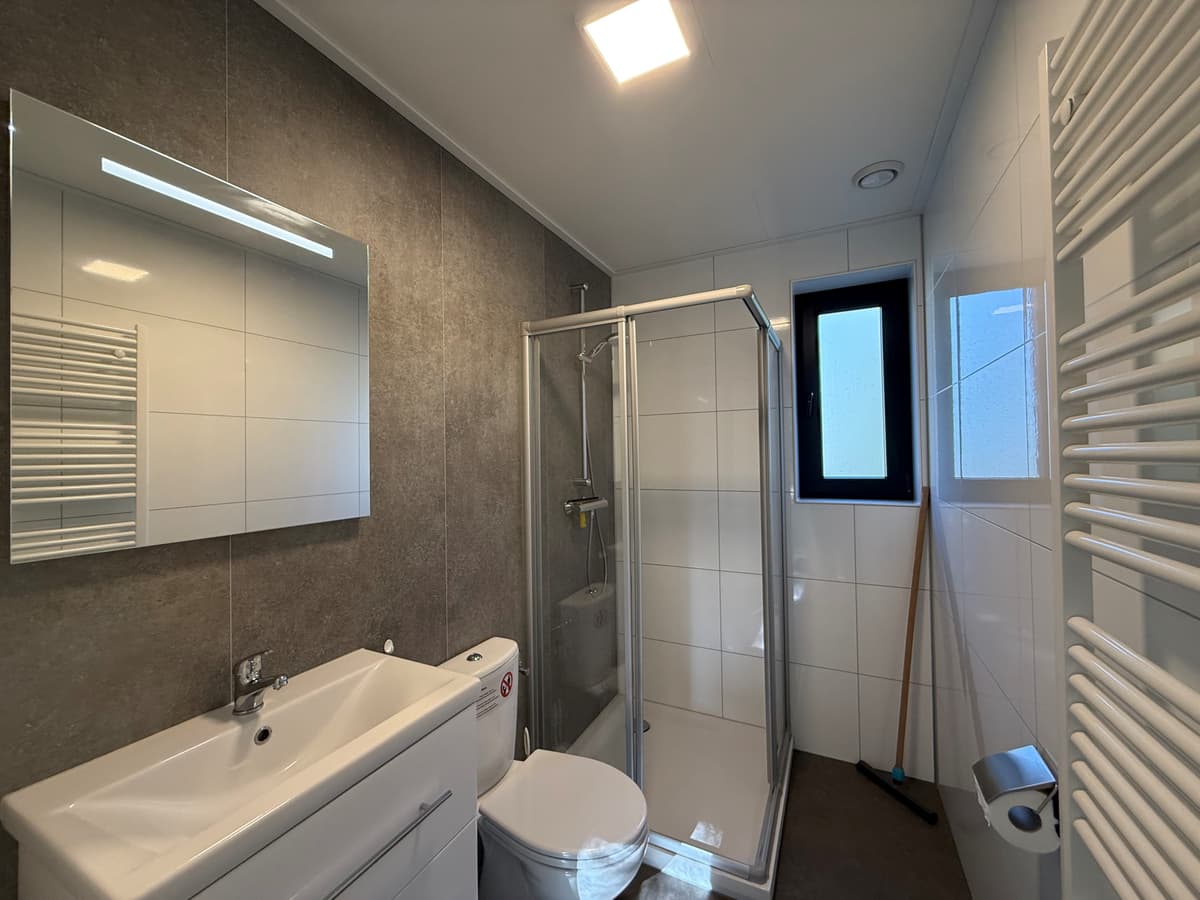 Moderne badkamer met douchecabine, wastafel met spiegel, toilet en handdoekenradiator in neutrale kleuren.