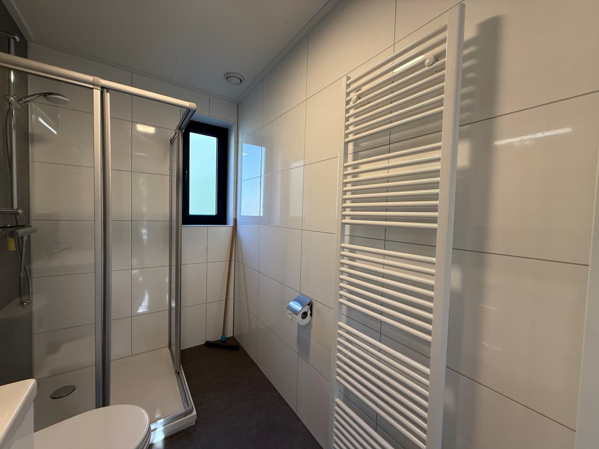Moderne badkamer met douchecabine, radiator, toilet en groot raam voor natuurlijk licht.
