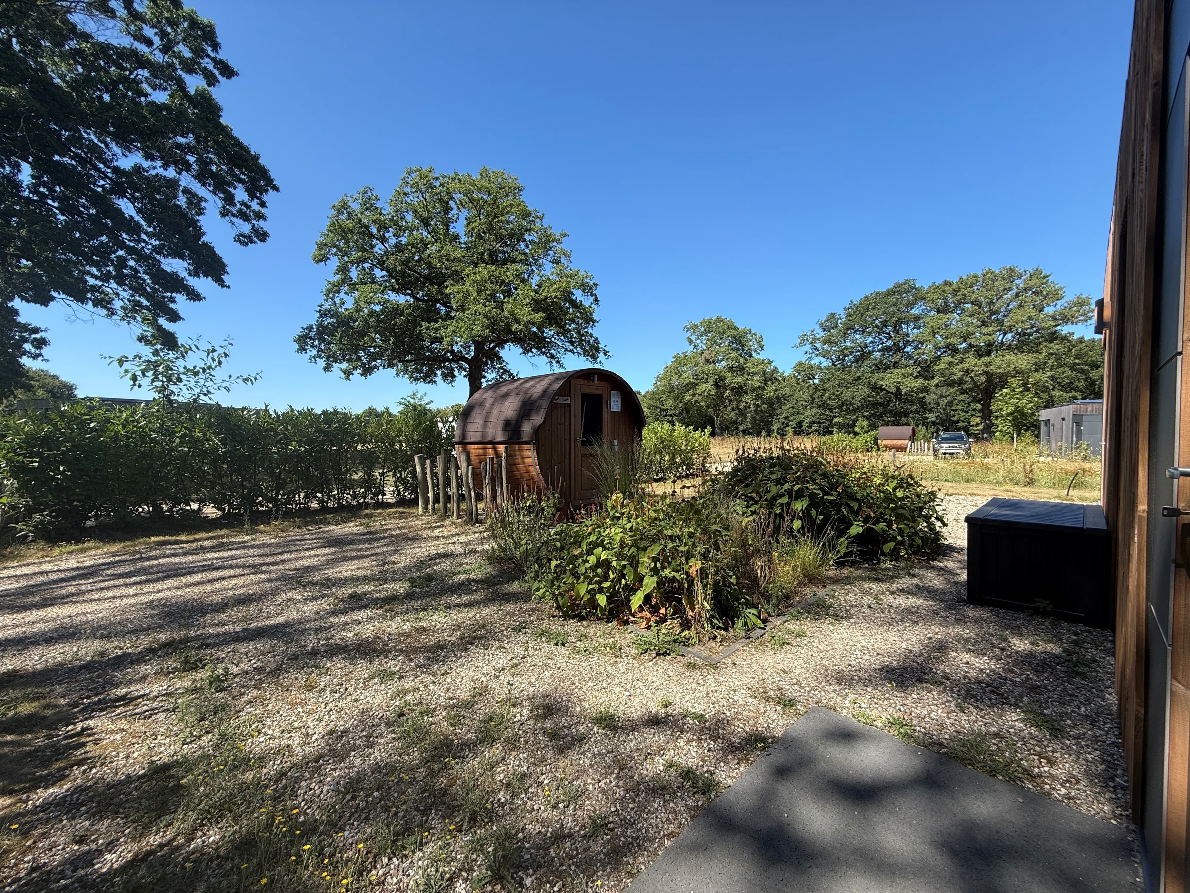 Uitzicht op een groene tuin met een houten hut en een grote boom onder een blauwe lucht