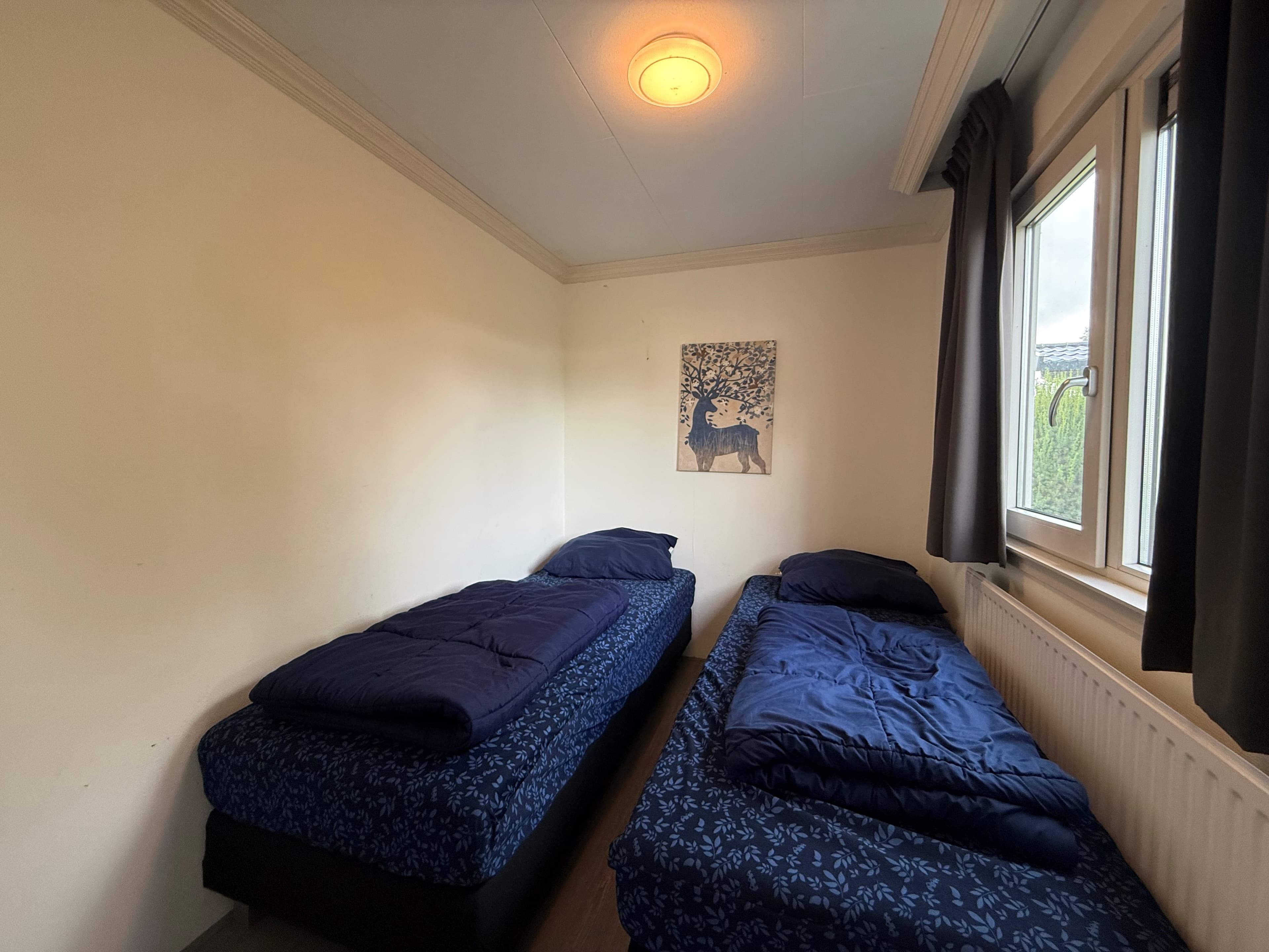 Slaapkamer met twee eenpersoonsbedden, ramen met gordijnen en een schilderij aan de muur