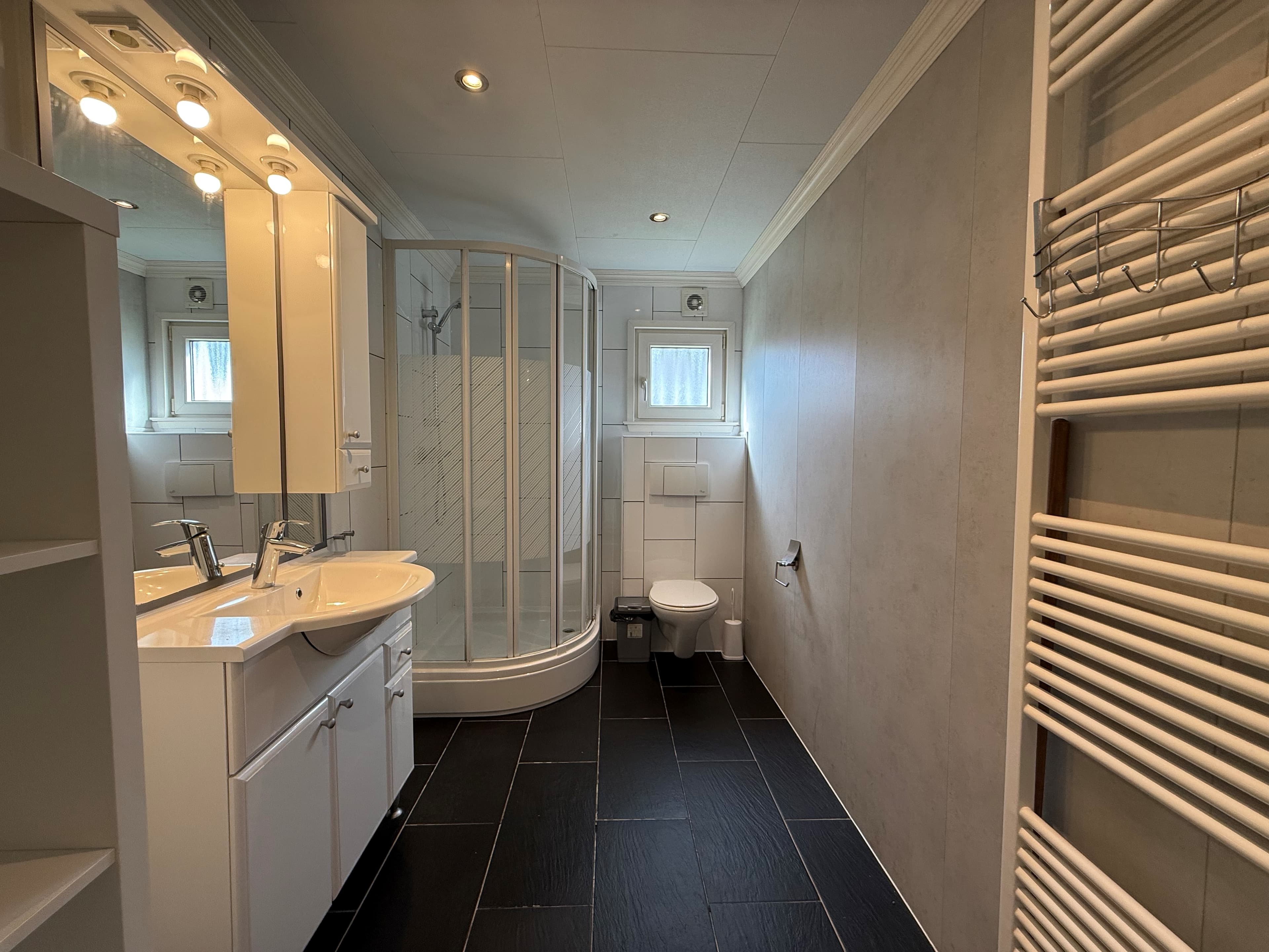 Moderne badkamer met douchecabine, wastafel en toilet, voorzien van donkergrijze vloertegels en wandverlichting