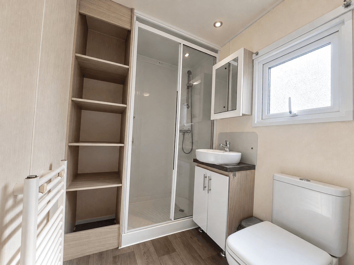 Moderne badkamer met douchecabine, wastafel en toilet, voorzien van opbergkasten en een raam.