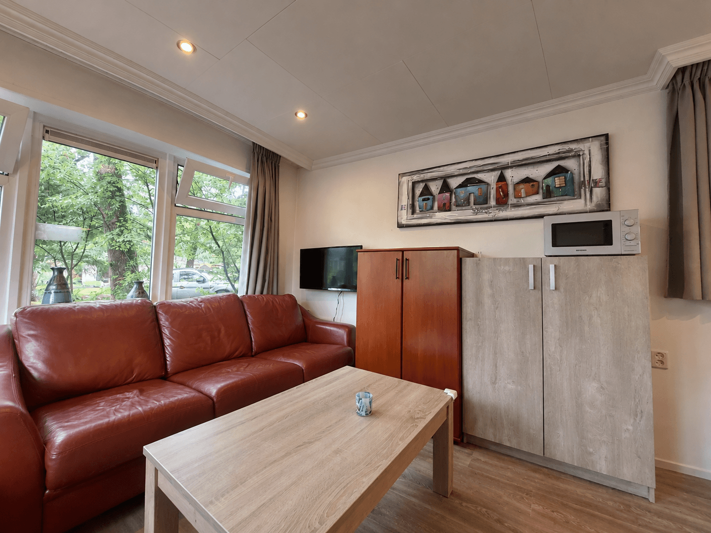 Woonkamer van een recreatiewoning met een rode bank, een houten tafel en een kast met een magnetron en tv in de hoek