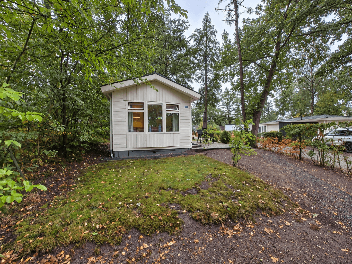 Recreatiewoning omringd door bomen, met een groen gazon aan de voorkant en een pad naar de entree.