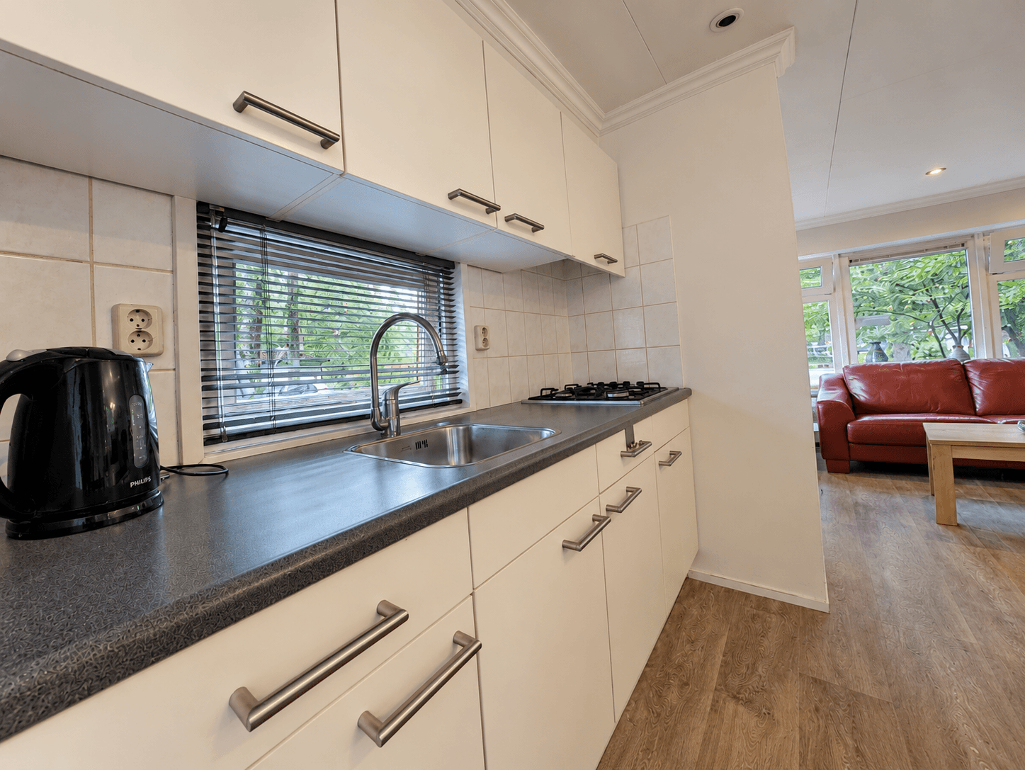 Moderne keuken met grijs aanrecht, kookplaat, spoelbak en een waterkoker, naast een woonkamer met een rode bank en veel natuu