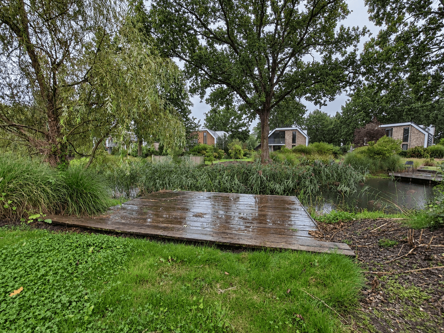 Houten aanlegsteiger aan water omgeven door groen, met in de achtergrond recreatiewoningen en bomen.