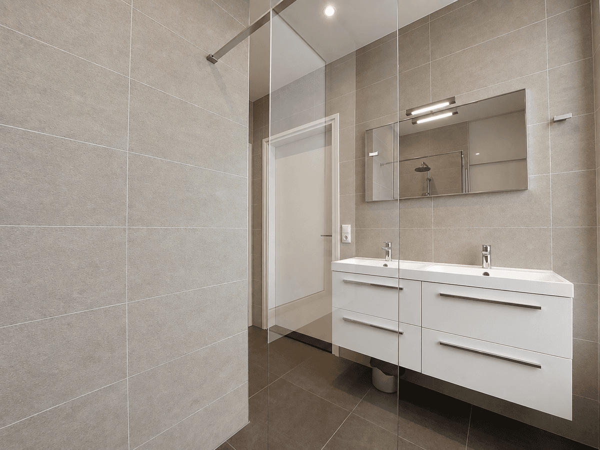 Moderne badkamer met dubbele wastafel, grote spiegel en inloopdouche in een neutrale kleurstelling