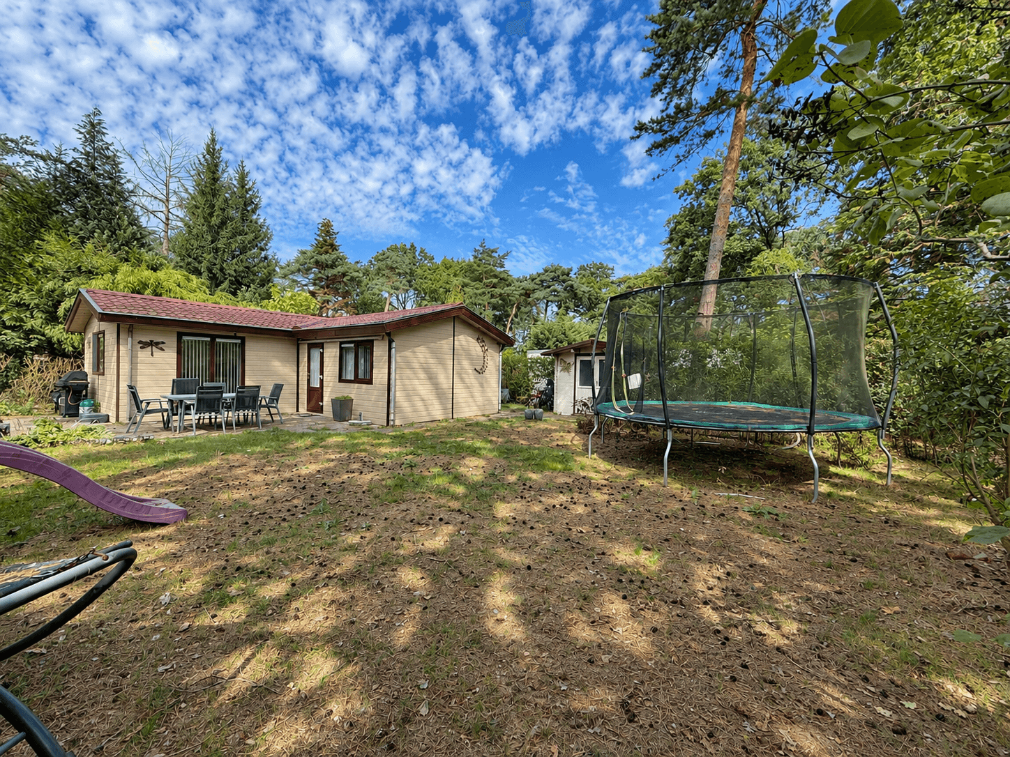 Recreatiewoning met een tuin, trampoline en zitplek in een groene omgeving met bomen en een heldere lucht