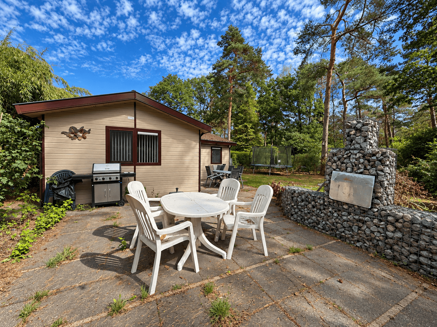 Recreatiewoning met terras en tuinmeubilair, barbecue en omheinde groene ruimte rondom.