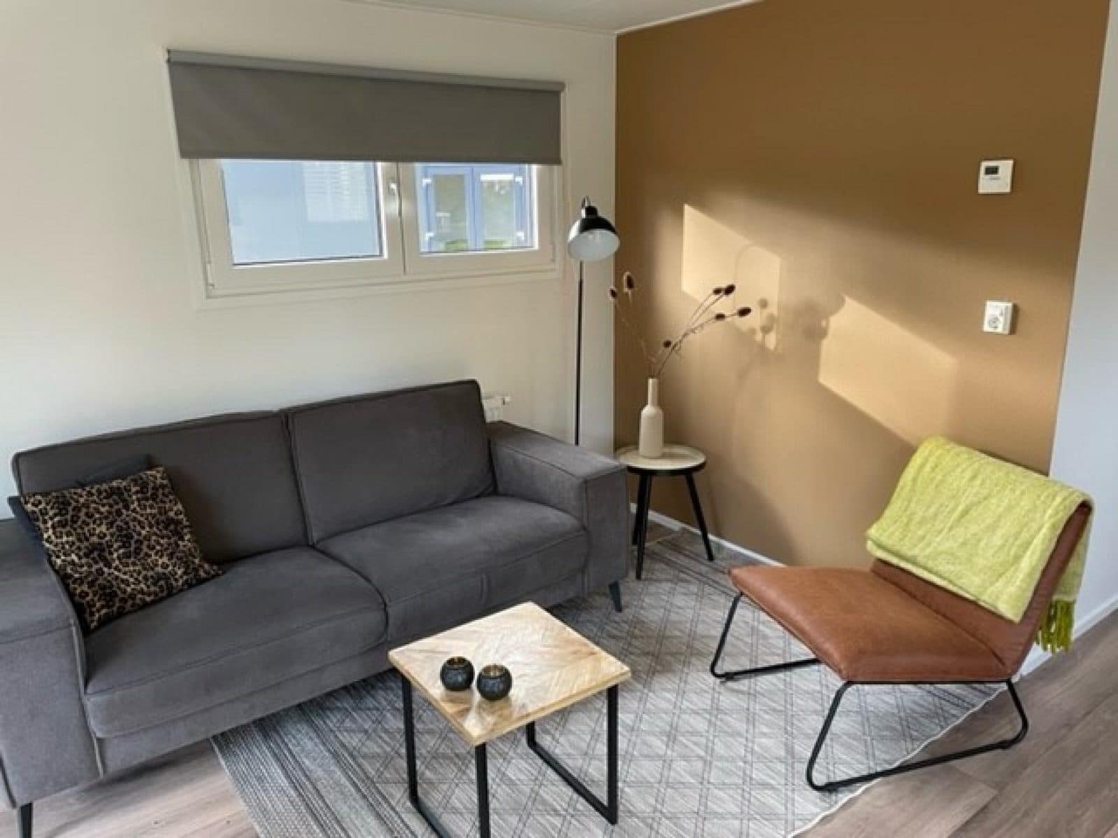 Zitkamer met grijze bank, leren fauteuil, salontafel en een lamp tegen een bruine wand.