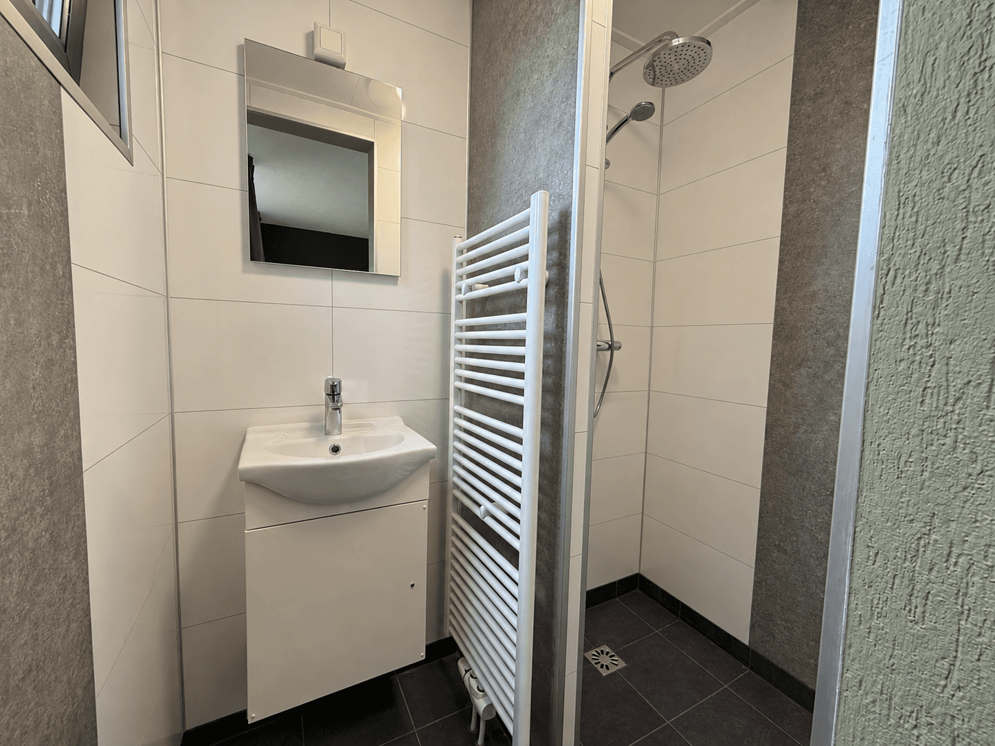 Badkamer met douche, wastafel, spiegel en handdoekenradiator in lichte en donkere tegelafwerking