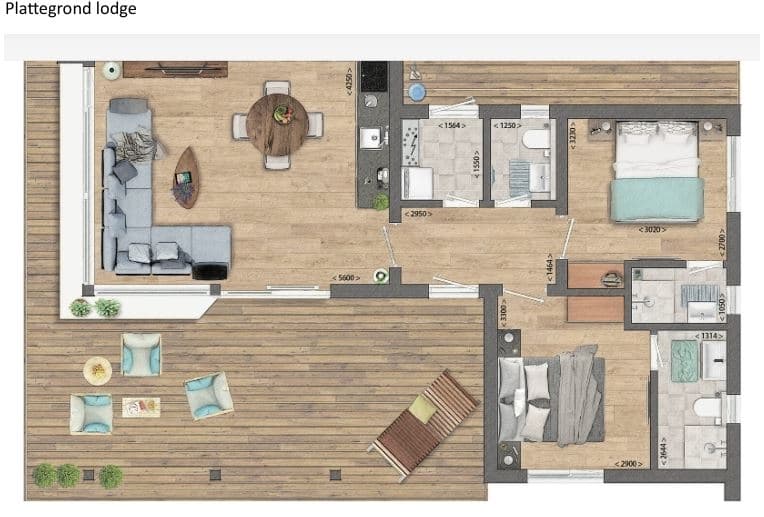 Plattegrond van een recreatiewoning met woonkamer, eetgedeelte, slaapkamers en badkamer zichtbaar.