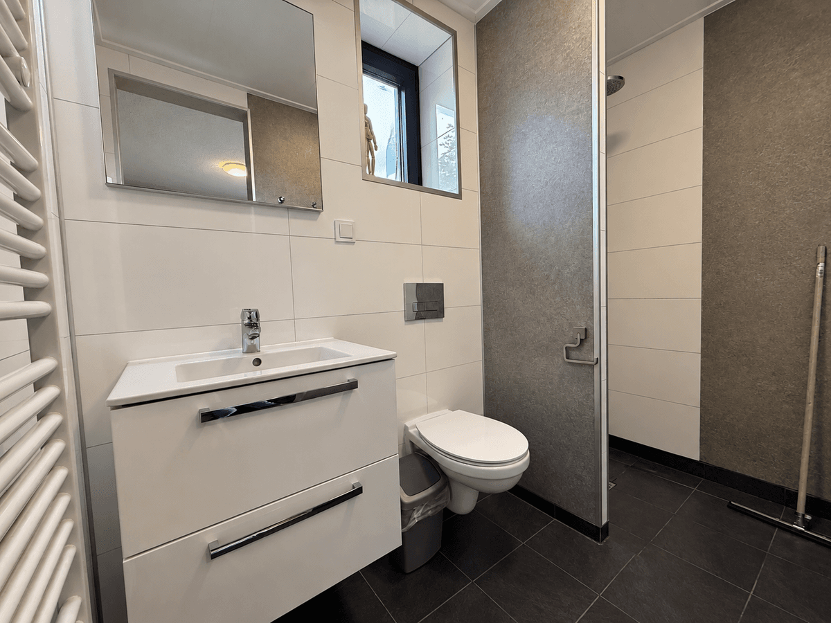 Moderne badkamer met wastafel, toilet, douche en handdoekradiator in neutrale kleuren.