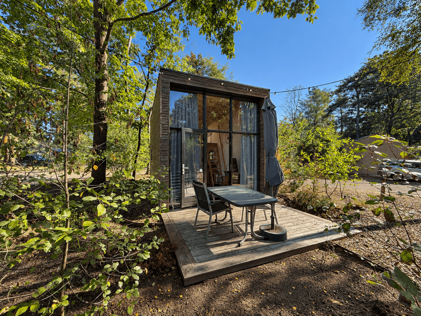 Recreatiewoning met houten terras en tuinmeubilair, omgeven door bomen en groen, gelegen op EuroParcs De Hooge Veluwe.