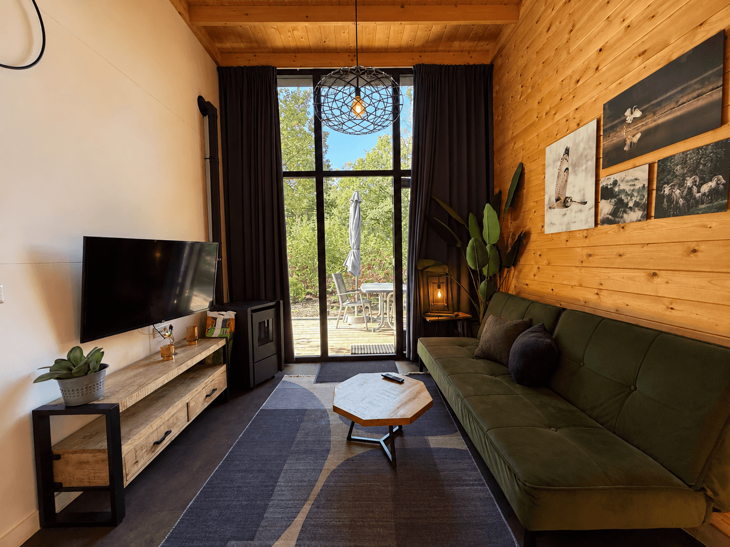 Modern interieur van een recreatiewoning met een groene bank, televisie en houten elementen, vooraanzicht met toegang tot een