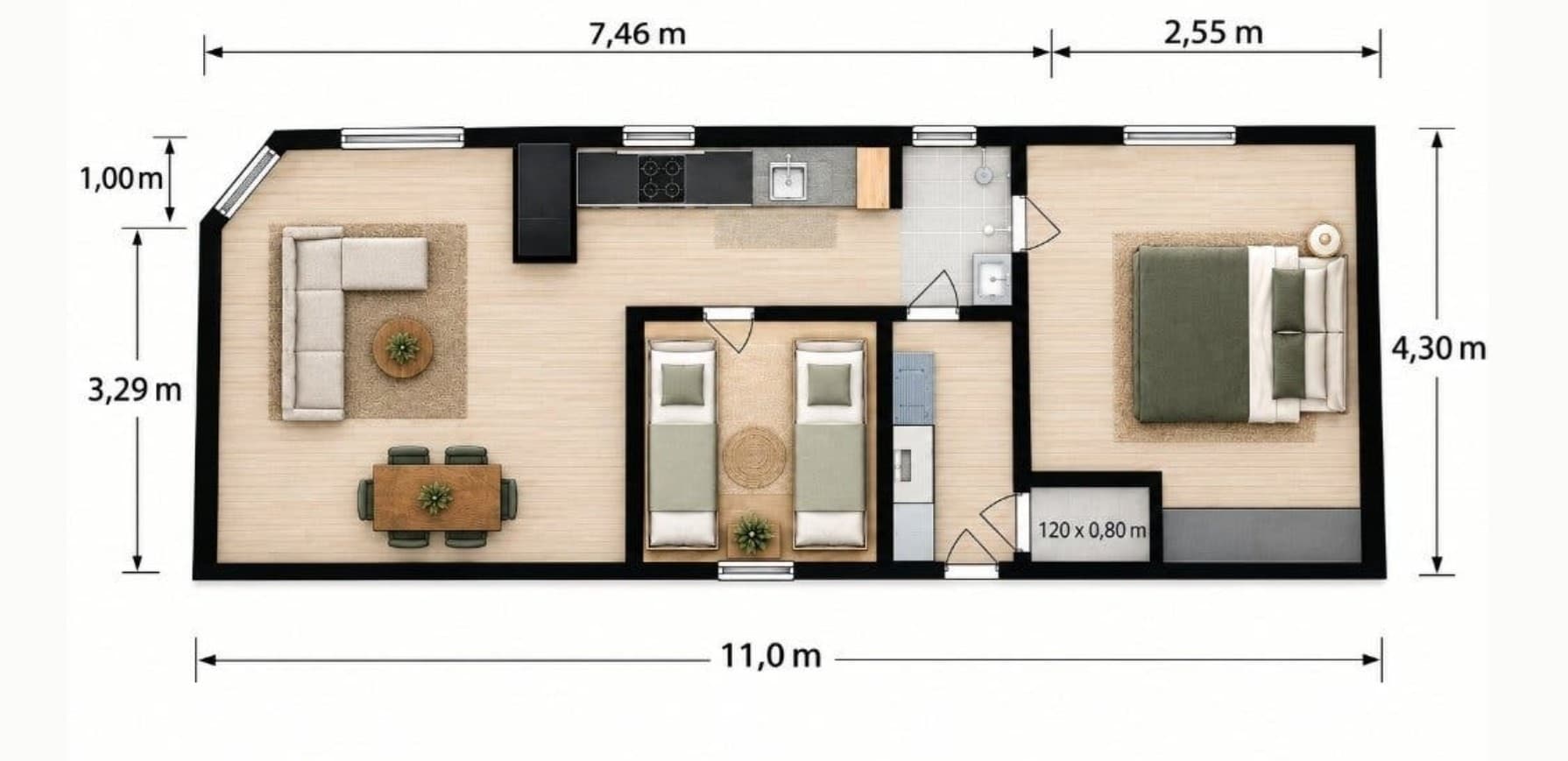 Plattegrond van een recreatiewoning met woon- en eetgedeelte, keuken, twee slaapkamers en badkamer.
