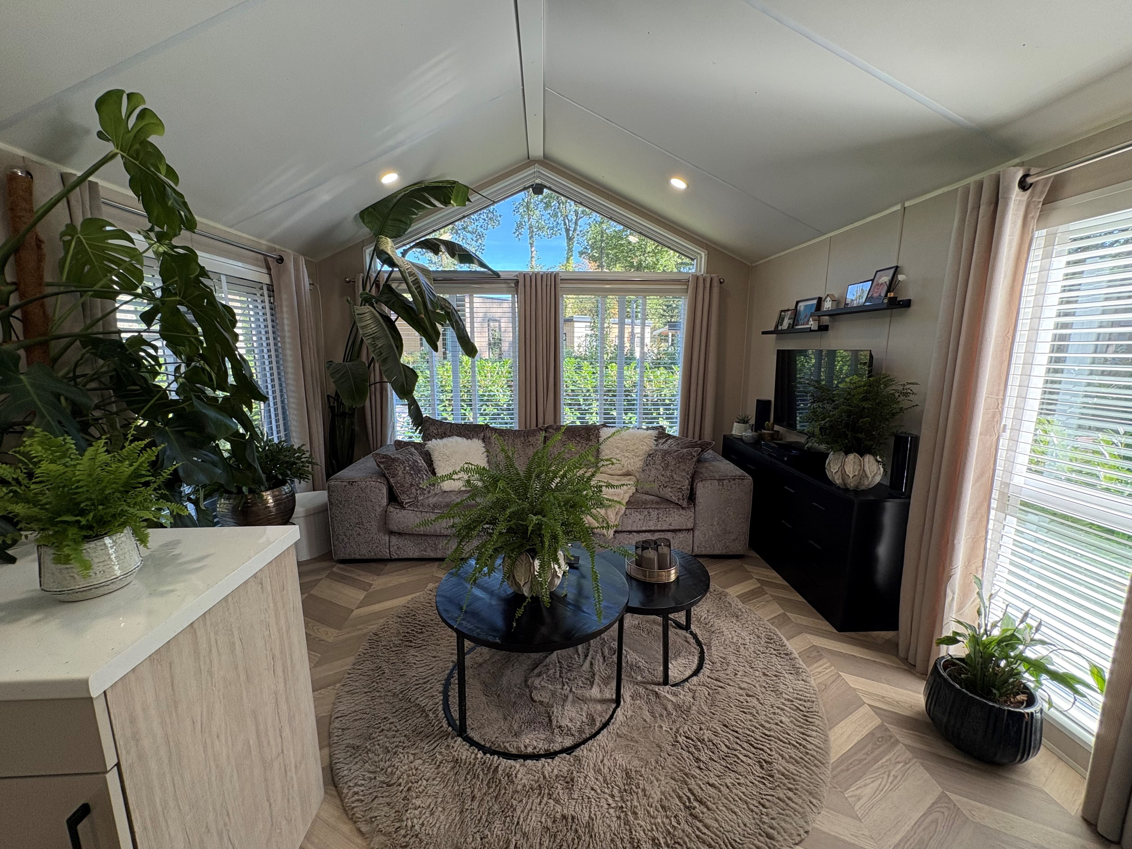 Huiselijke woonkamer met grote ramen, een sfeervolle zithoek, planten en een moderne vloerbedekking