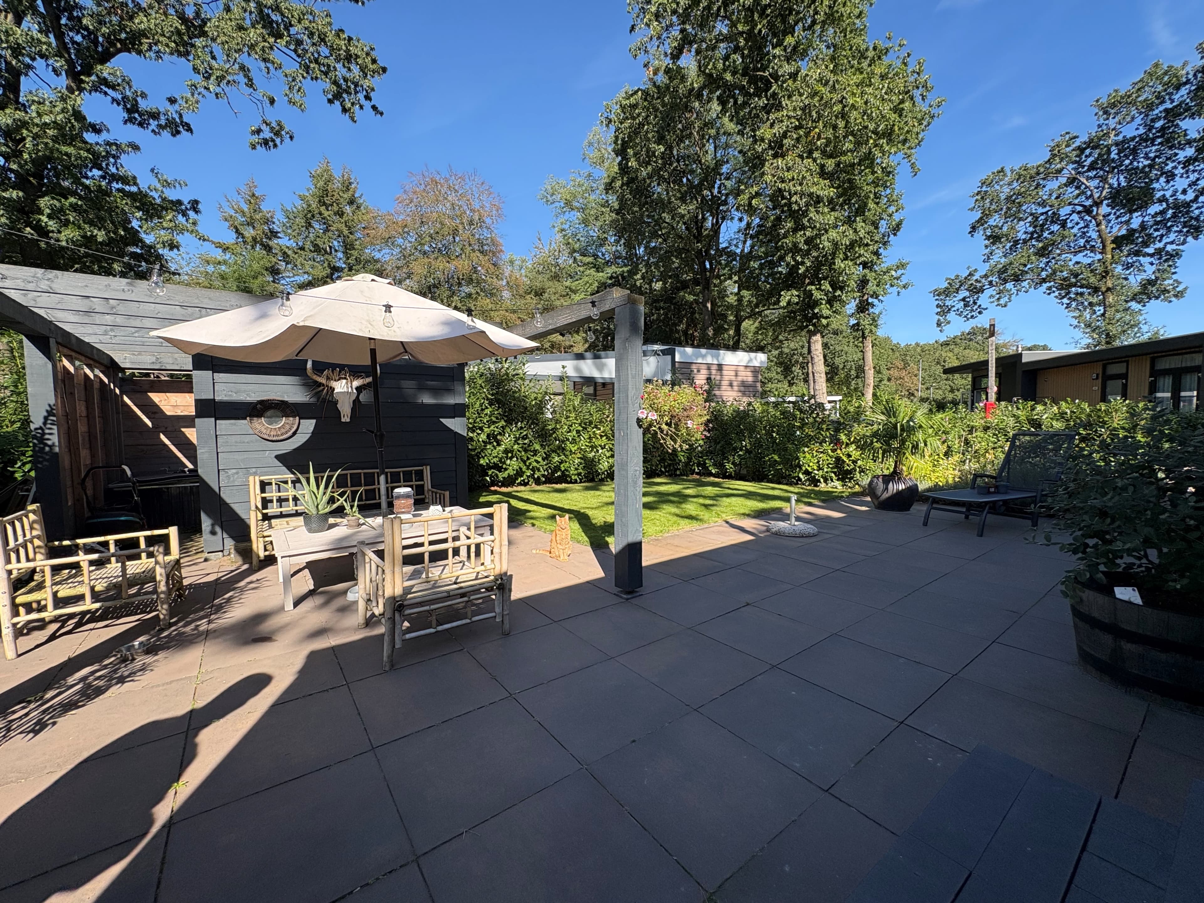 Tuin met betegeld terras, gras, zitgedeelte met parasol en groene bomen rondom de recreatiewoning