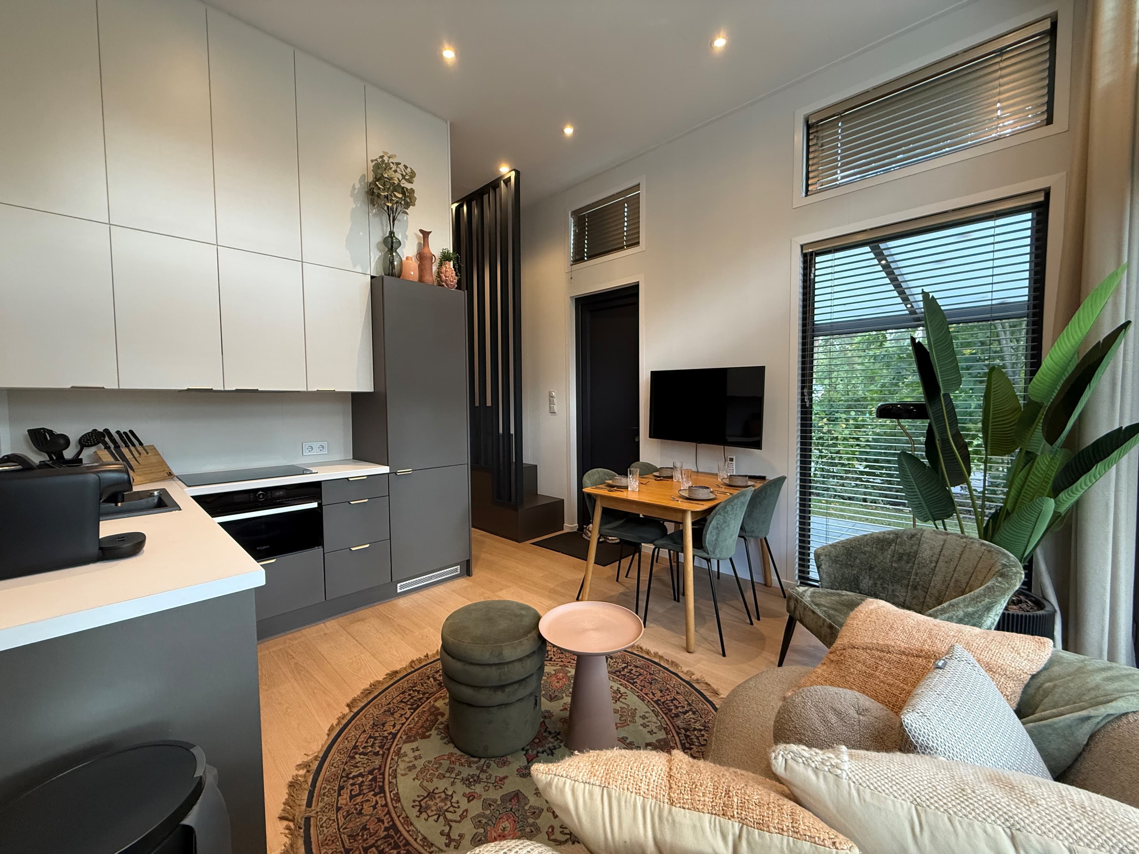 Moderne recreatiewoning met open keuken, eetgedeelte en zithoek met diverse meubels en veel natuurlijk licht